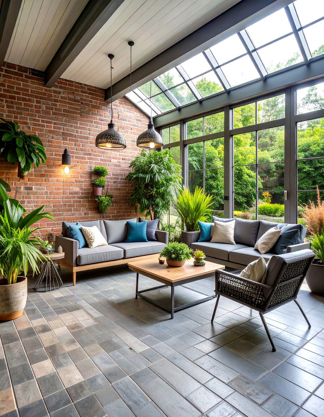 Industrial Gray Brick Floor Sunroom - 20 Brick Floor Sunroom Ideas