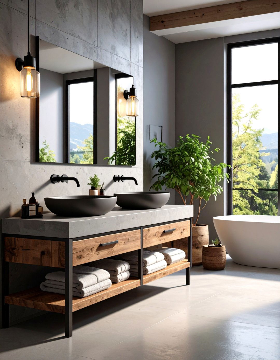 Industrial Gray Vanity Featuring Matte Black Hardware - 20 Grey Bathroom Vanity Design Ideas