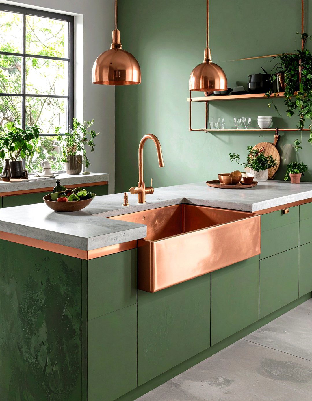 Industrial Green Concrete Kitchen Worktops with Copper Edge Profiles - 20 Green and Copper Kitchen Ideas