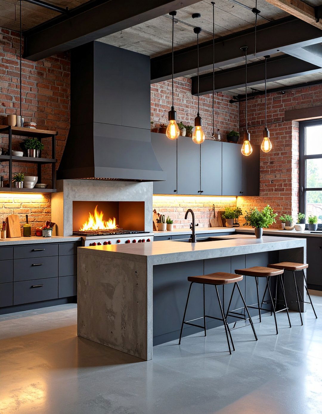 Industrial Kitchen Fireplace With Metal Accents - 20 Kitchens With Fireplaces