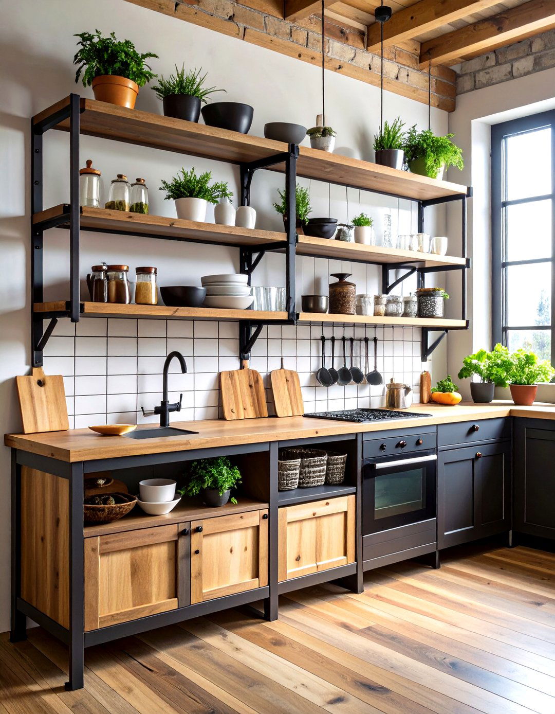 Industrial Kitchen Open Shelving with Metal Pipes - 20 Industrial Kitchen Ideas