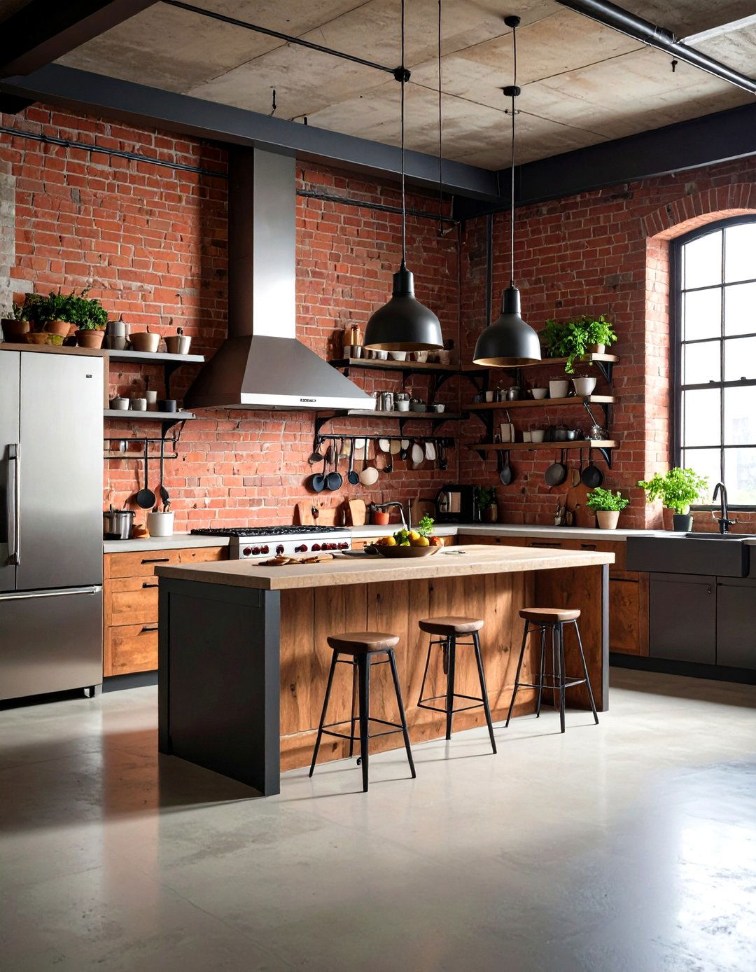 Industrial Kitchen with Exposed Brick Walls - 20 Industrial Kitchen Ideas