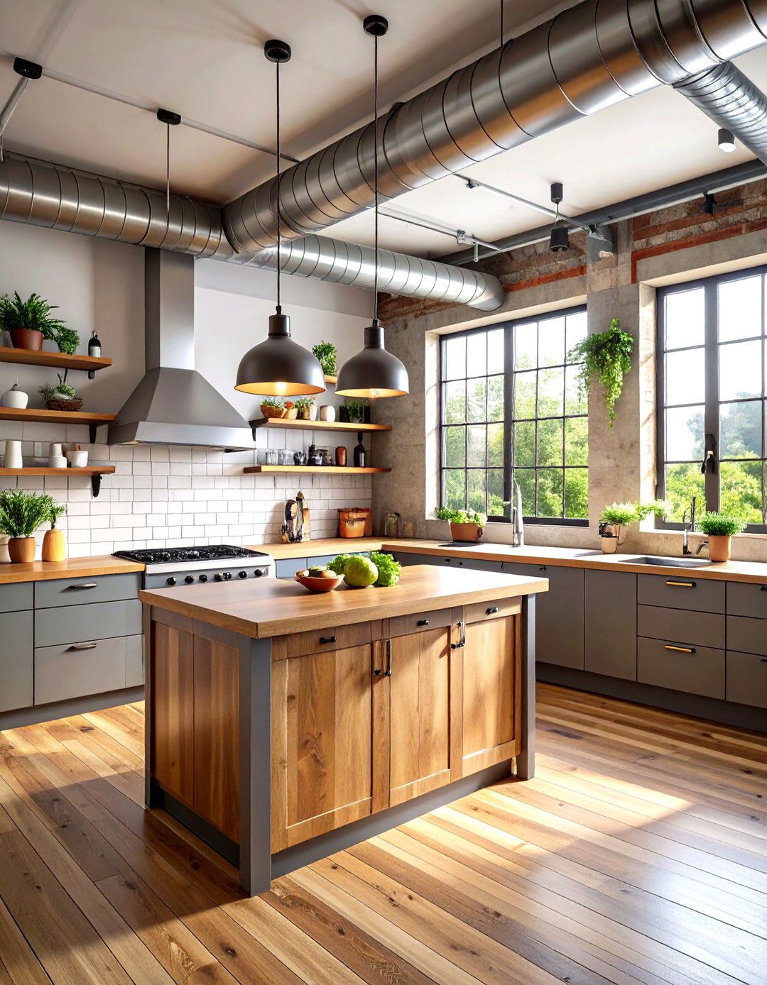 Industrial Kitchen with Exposed Ductwork and Pipes - 20 Industrial Kitchen Ideas