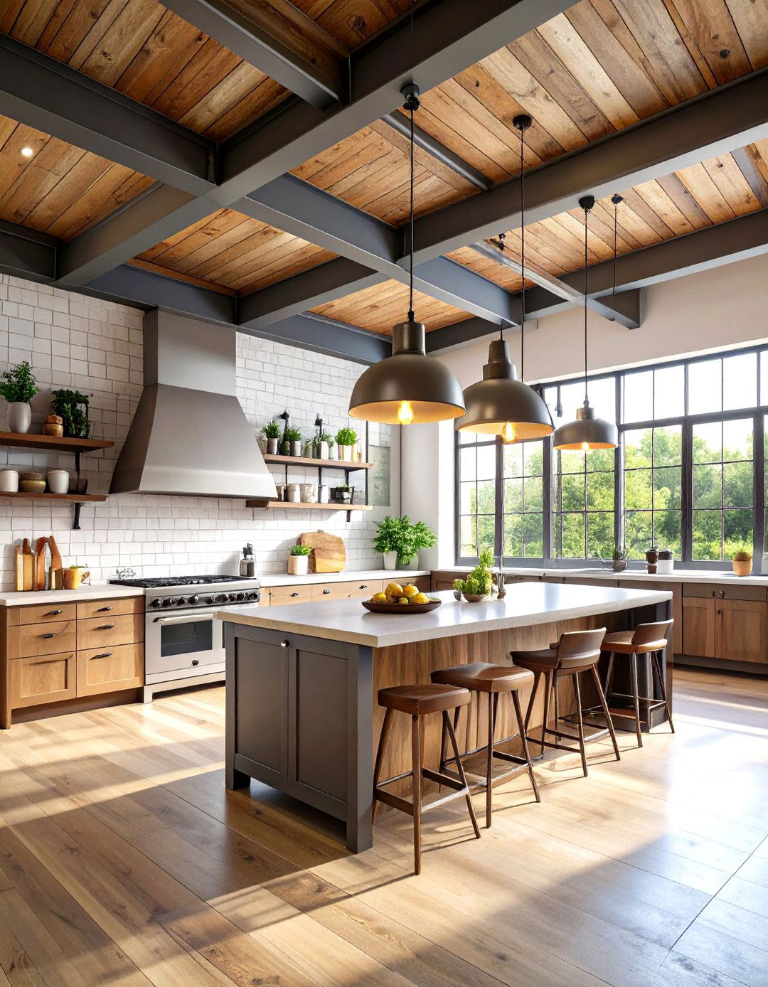 Industrial Kitchen with High Ceilings and Exposed Beams