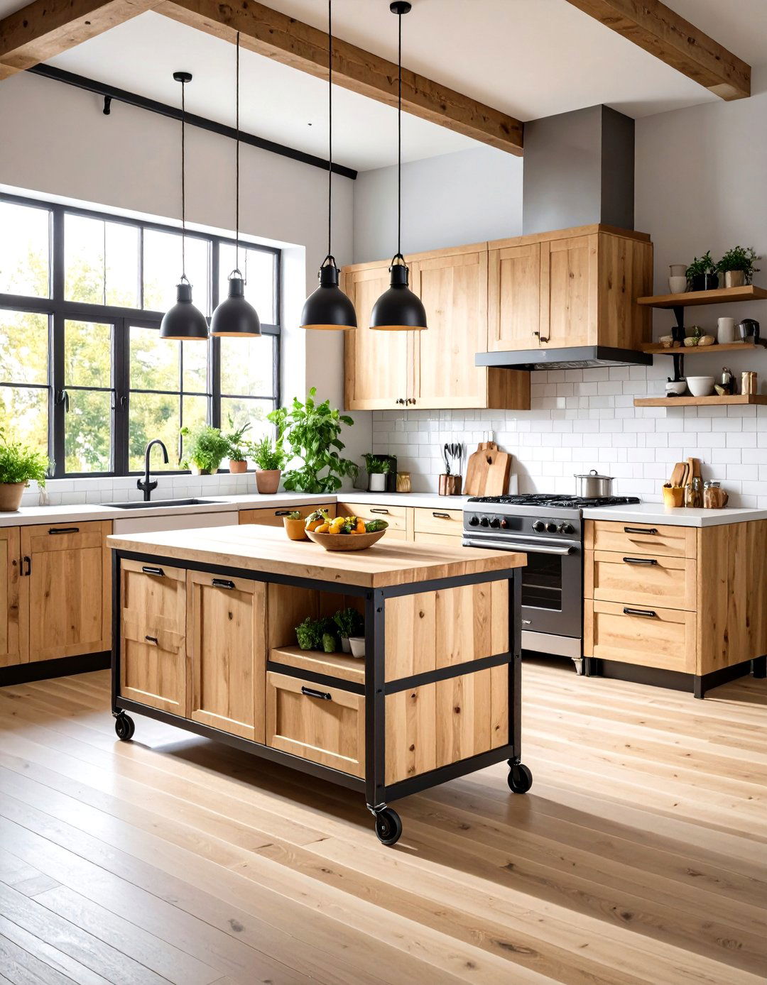 Industrial Kitchen with Rolling Cart Islands - 20 Industrial Kitchen Ideas