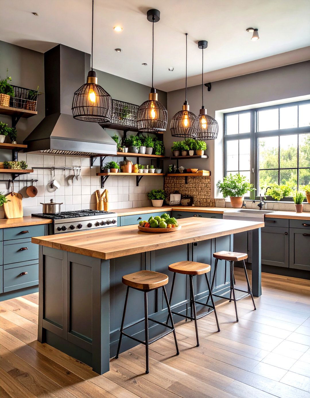 Industrial Kitchen with Wire Basket Storage - 20 Industrial Kitchen Ideas