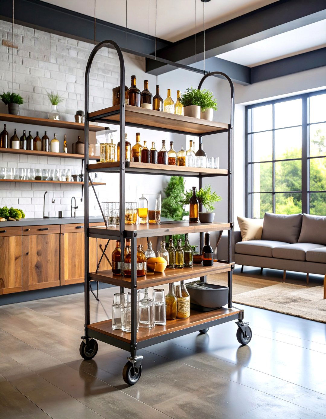 Industrial Living Room Bar Cart Station Setup - 20 Industrial Living Room Ideas