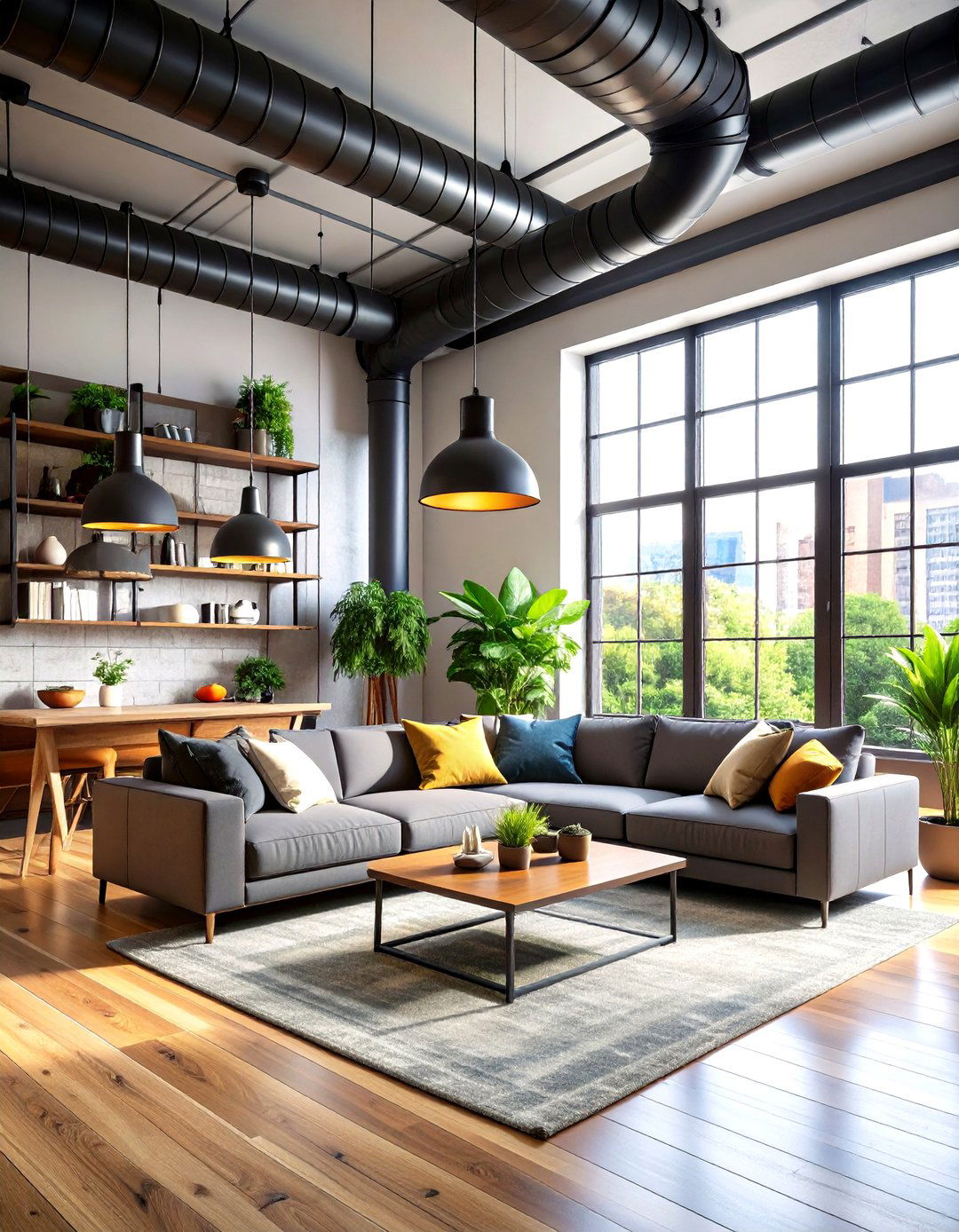 Industrial Living Room Exposed Ductwork Design Feature - 20 Industrial Living Room Ideas