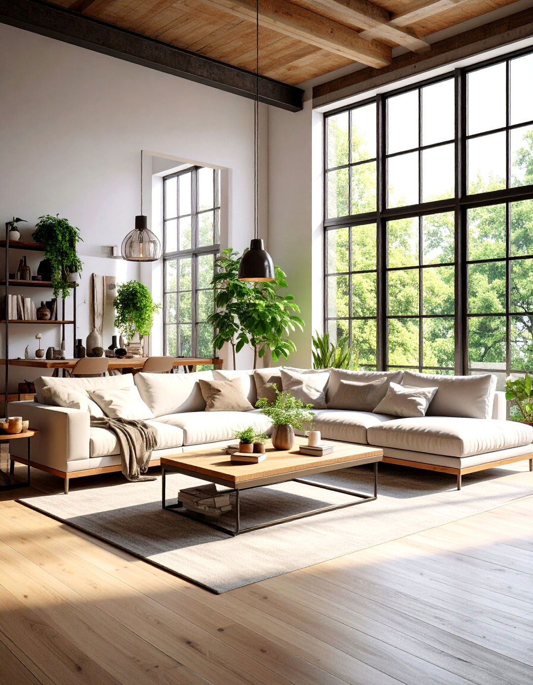Industrial Living Room Metal Framed Sectional Sofa Setup - 20 Industrial Living Room Ideas