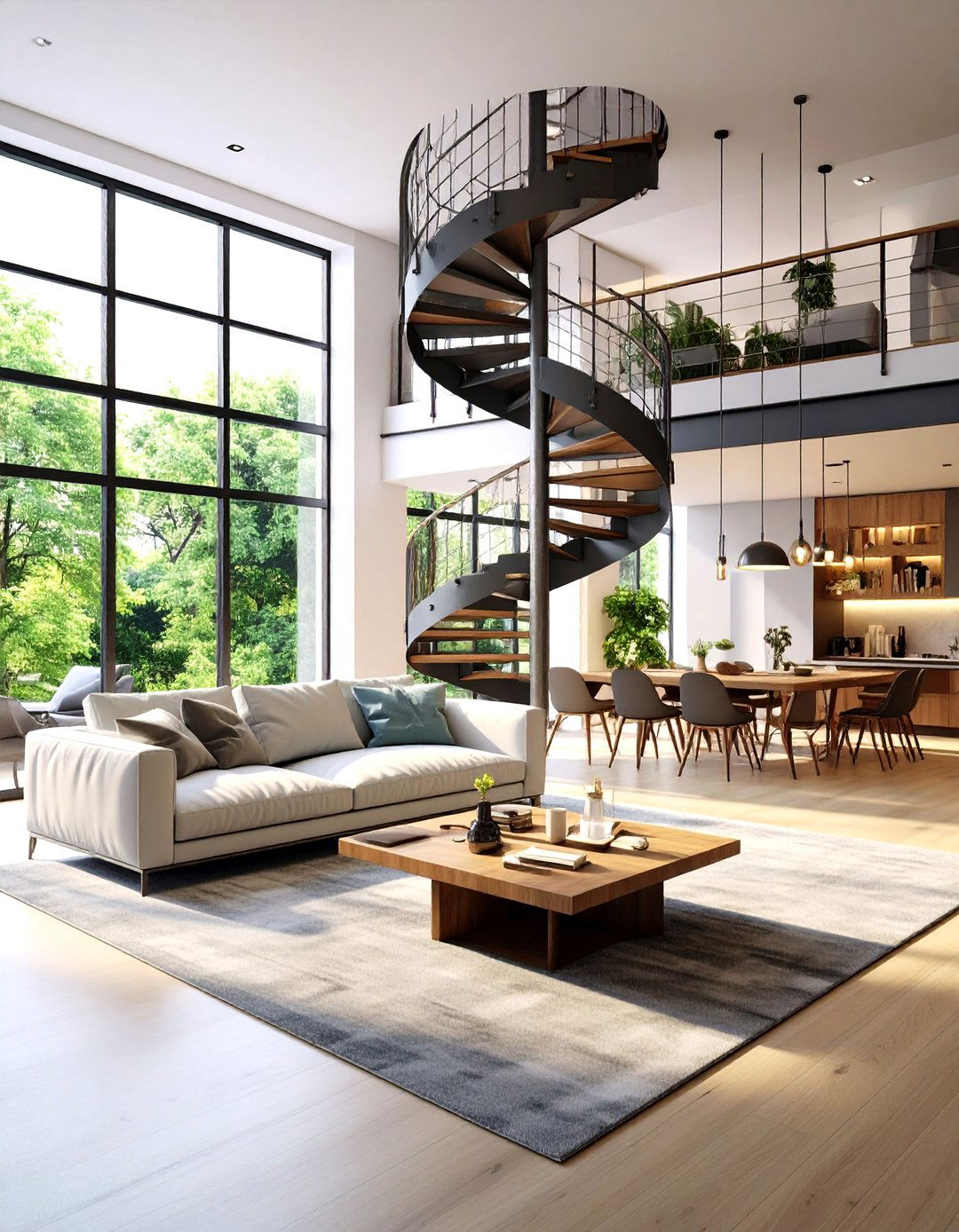 Industrial Living Room Metal Spiral Staircase Design - 20 Industrial Living Room Ideas