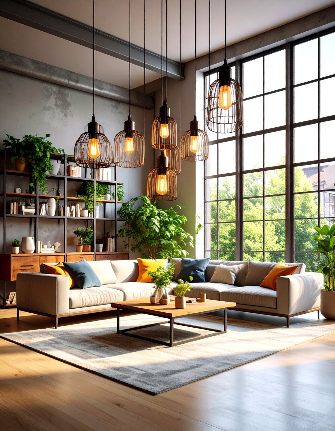 Industrial Living Room Pendant Light Cluster Arrangement - 20 Industrial Living Room Ideas