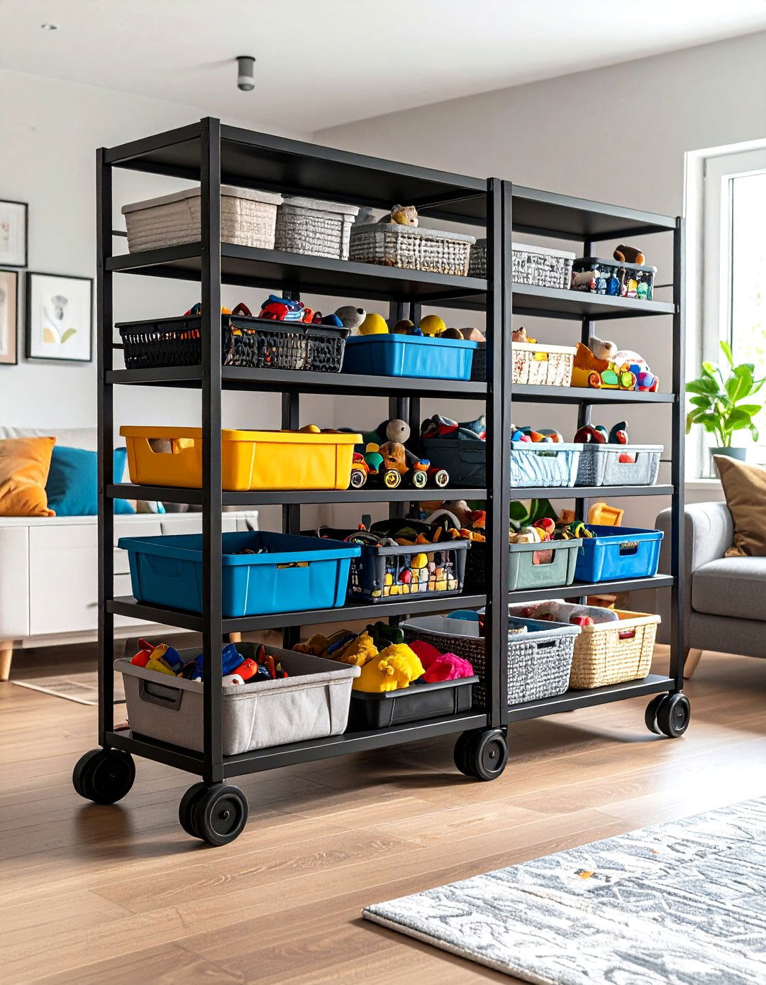 Industrial Living Room Toy Storage Metal Cart System - 20 Living Room Toy Storage Ideas
