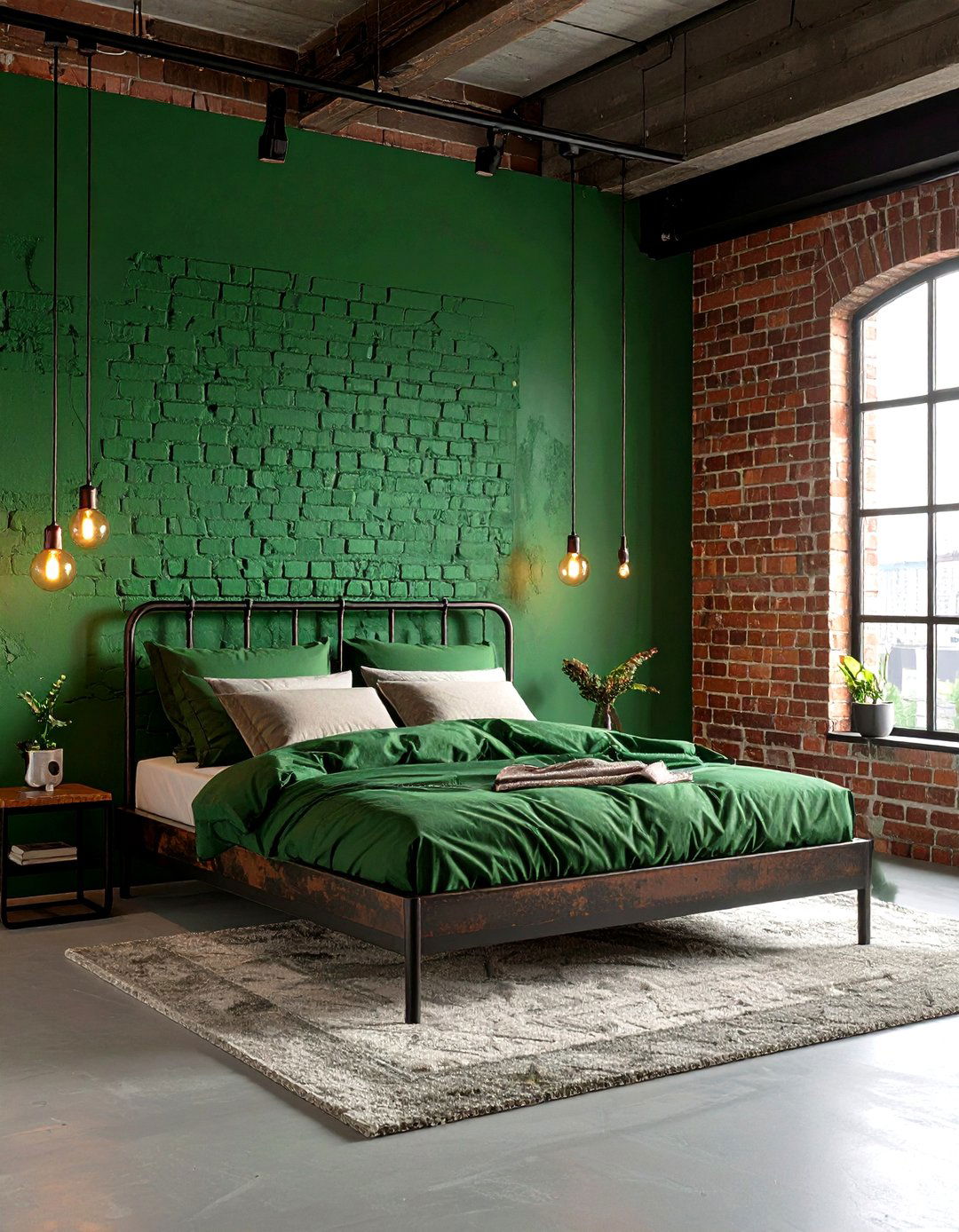 Industrial Loft Green Bedroom with Exposed Brick Drama - 20 Green Bedroom Ideas