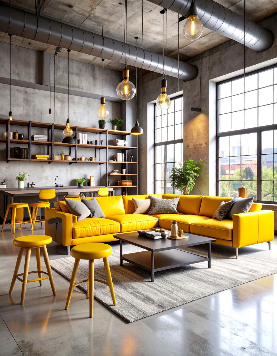 Industrial Loft Style Grey and Yellow Living Room Makes a Bold Statement - 20 Grey and Yellow Living Room Ideas