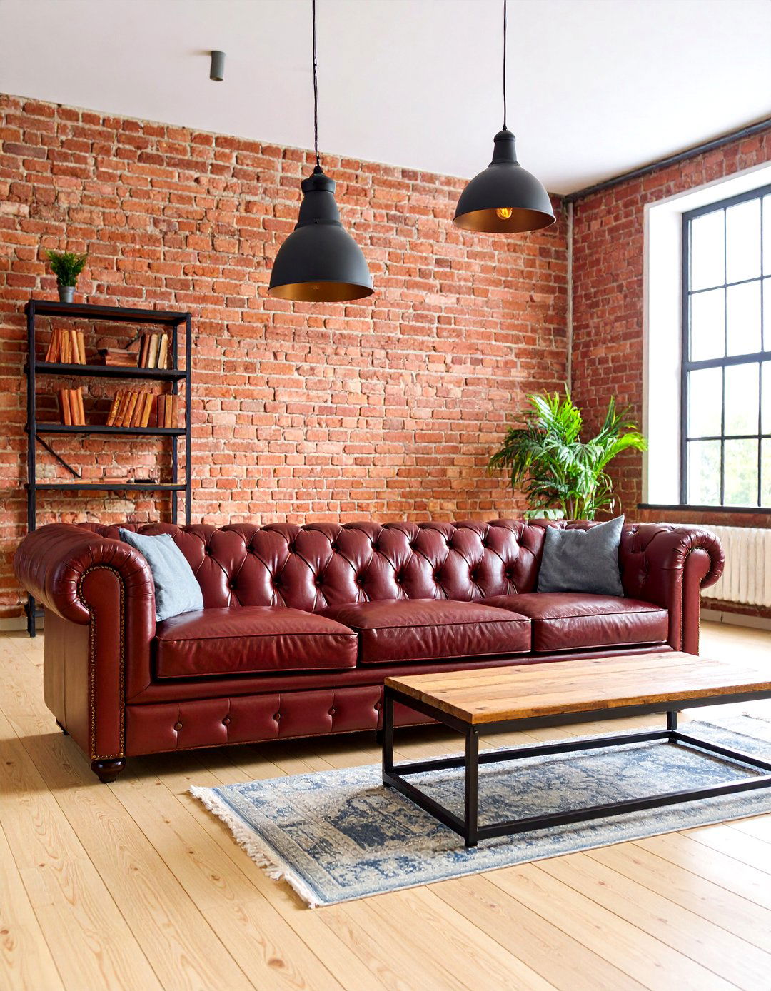 Industrial Loft With Exposed Brick - 20 Burgundy Sofa Living Room Ideas