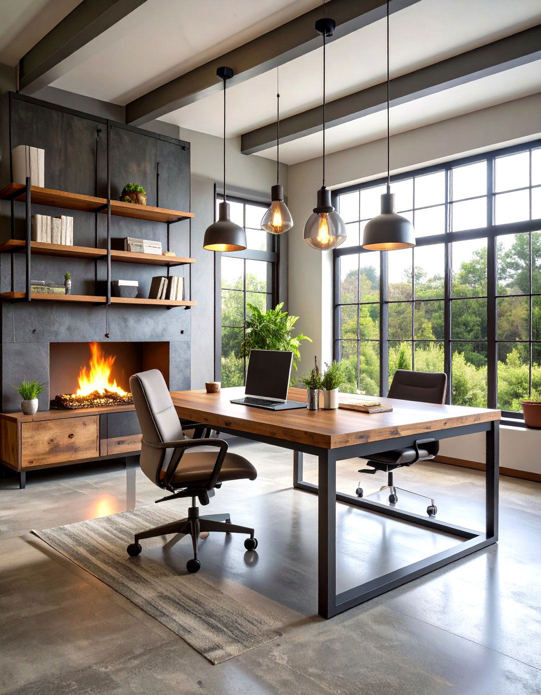 Industrial Metal Fireplace in Home Office Loft - 20 Home Office With Fireplace Ideas