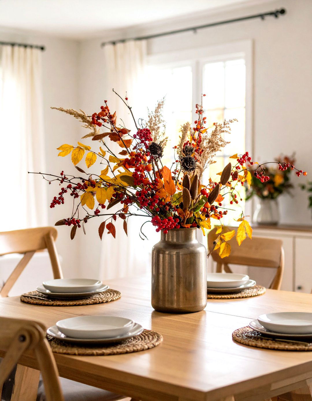 Industrial Metal Vase with Seasonal Branches - 20 Thanksgiving Centerpiece Ideas