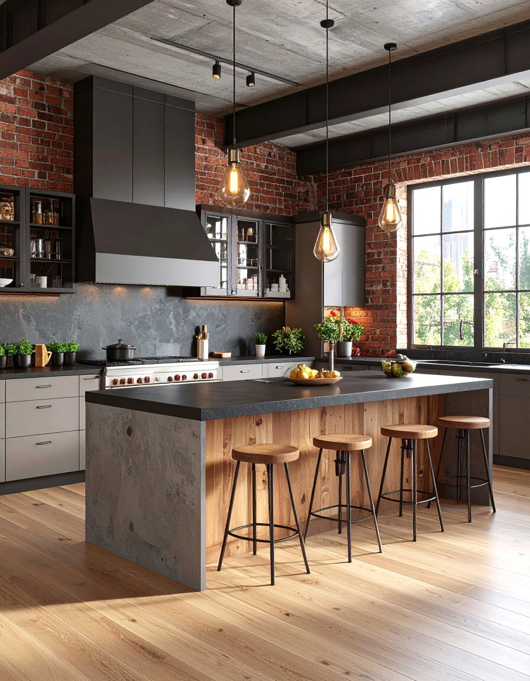Industrial Modern Kitchen With Dark Countertops and Light Cabinets - 20 kitchen with dark countertops and light cabinets
