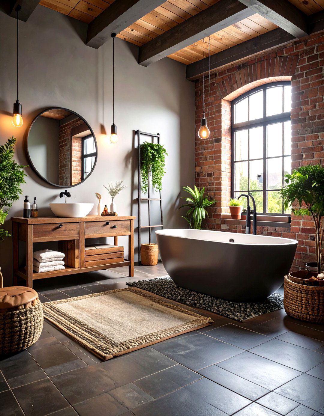 Industrial Penny Tile Floor with Metal Accents