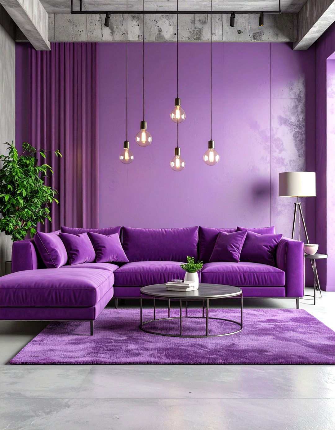 Industrial Purple Living Room with Plum Accents - 20 Purple Living Room Ideas