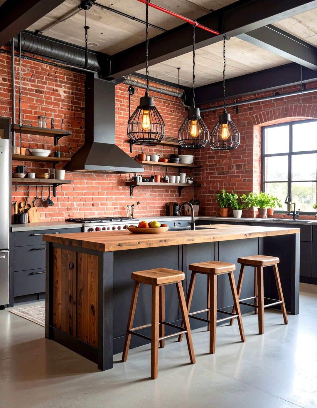 Industrial Red Brick and Black Metal Kitchen
