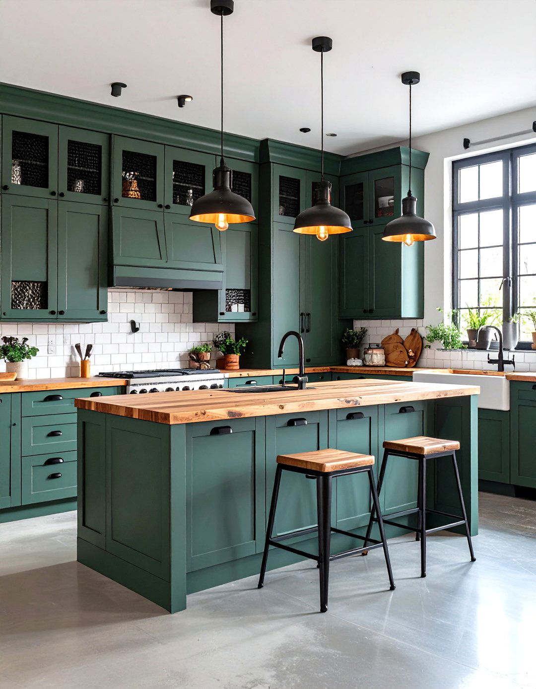 Industrial Sage Green Cabinets with Thick Butcher Block Metal Accent Kitchen - 20 Sage Green Kitchen Cabinets With Butcher Block Countertops