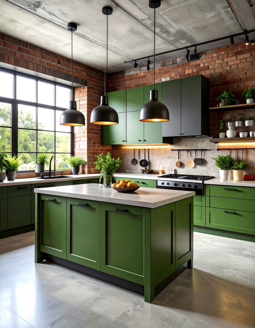 Industrial Sage Green Kitchen with Black Metal Accents and Concrete Countertops - 20 Sage Green Kitchen Ideas