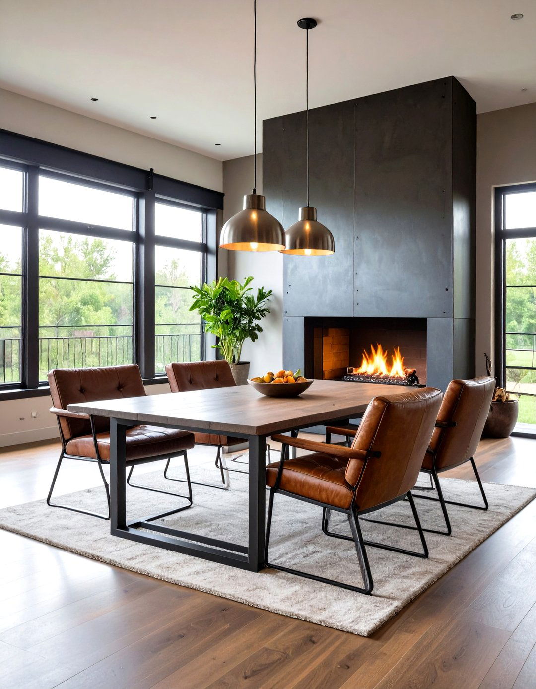 Industrial Steel Fireplace Highlights Loft Style Dining Rooms - 20 Dining Room With Fireplace Ideas