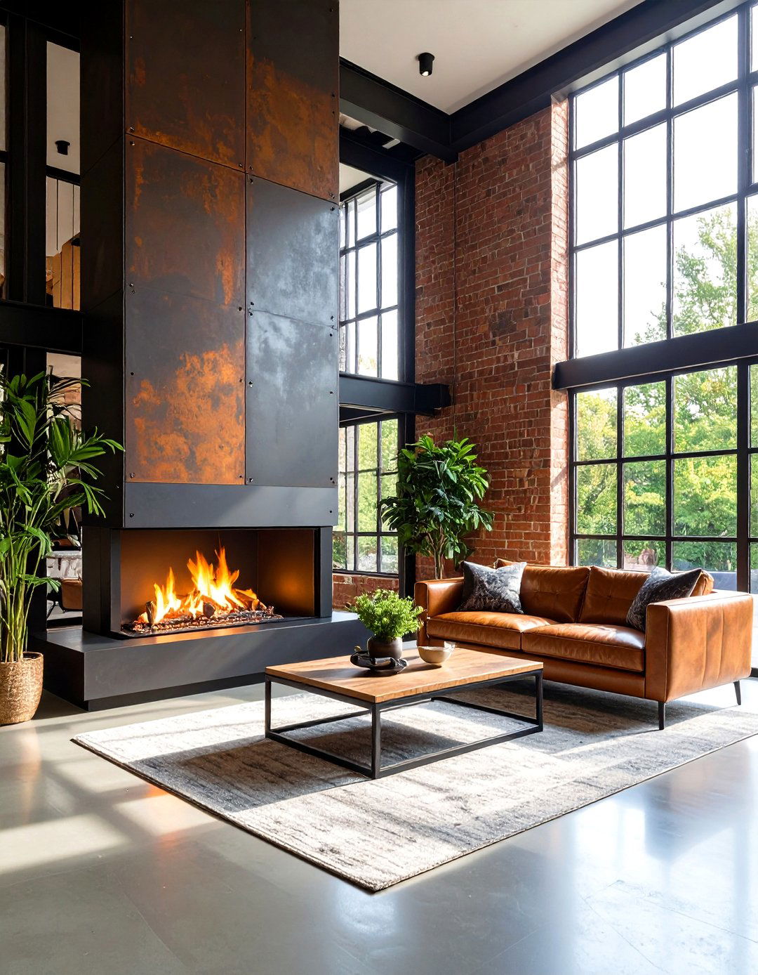 Industrial Steel Fireplace in Loft Setting - 20 Two-story Fireplace Ideas