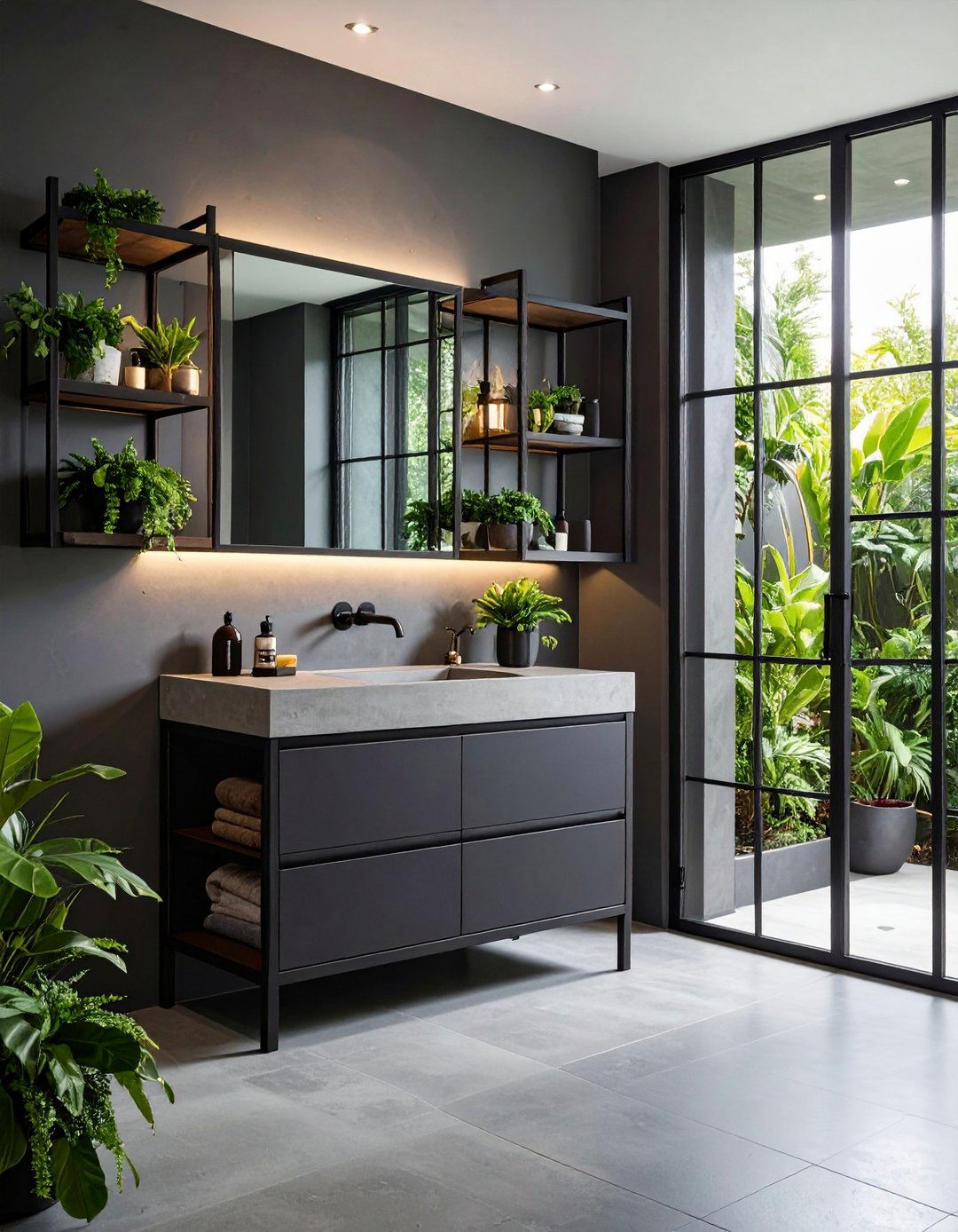 Industrial Steel Framed Black Vanity - 20 Black Vanity Bathroom Ideas