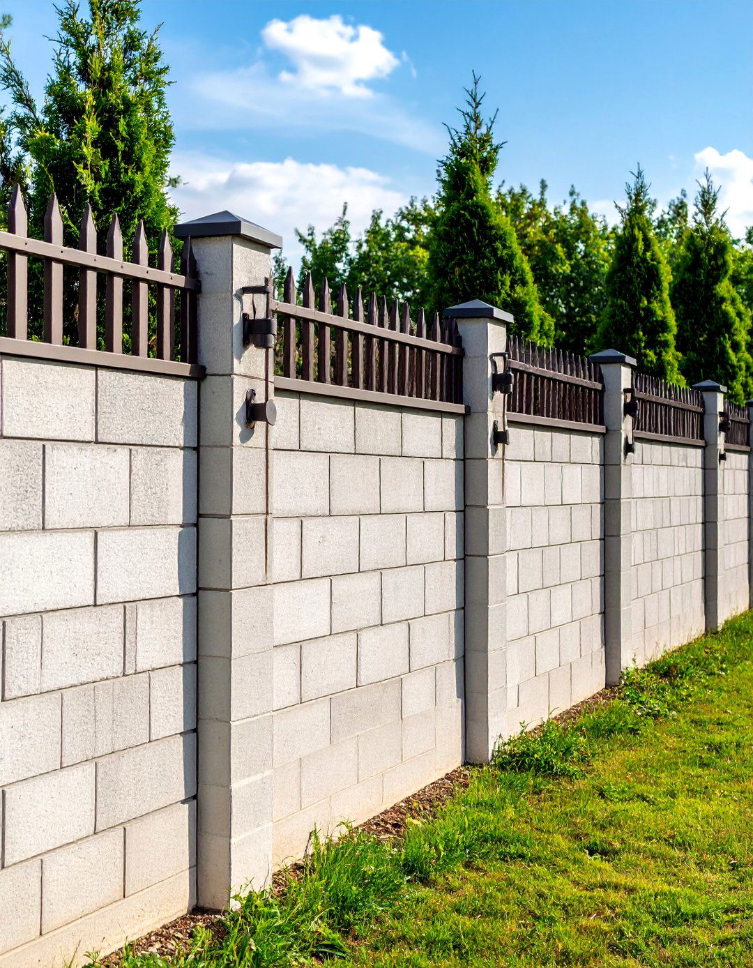 Industrial Style Cinder Block Fence with Metal Details - 20 Cinder Block Fence Ideas