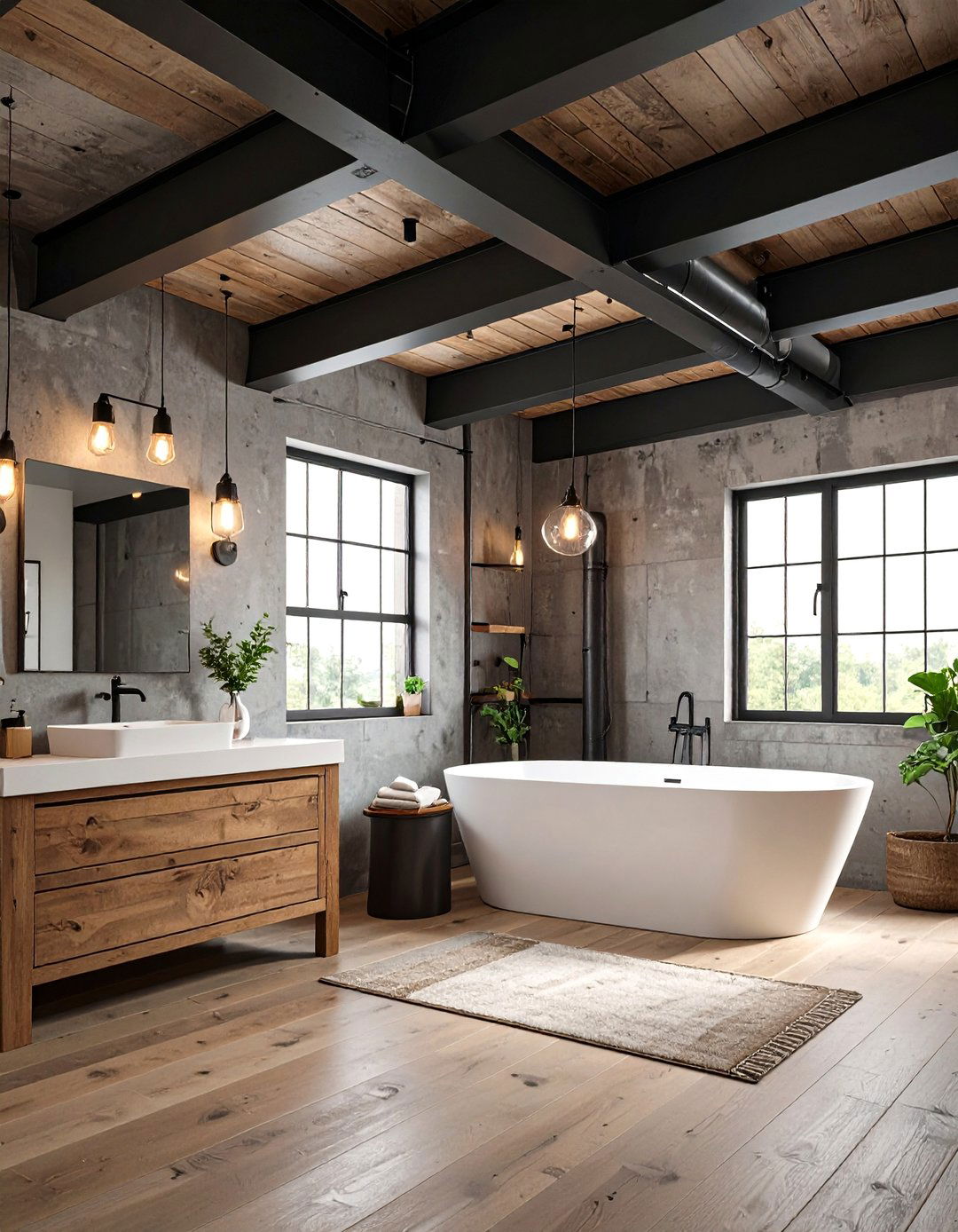 Industrial Style Exposed Ceiling Beams in Basement Bathrooms - 20 Basement Bathroom Ideas