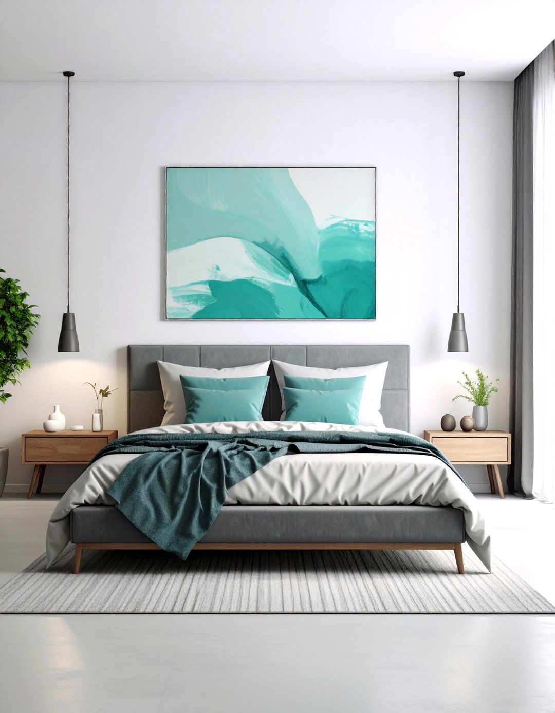 Industrial Style Grey Exposed Brick and Teal Metal Accents - 20 Teal and Grey Bedroom Ideas