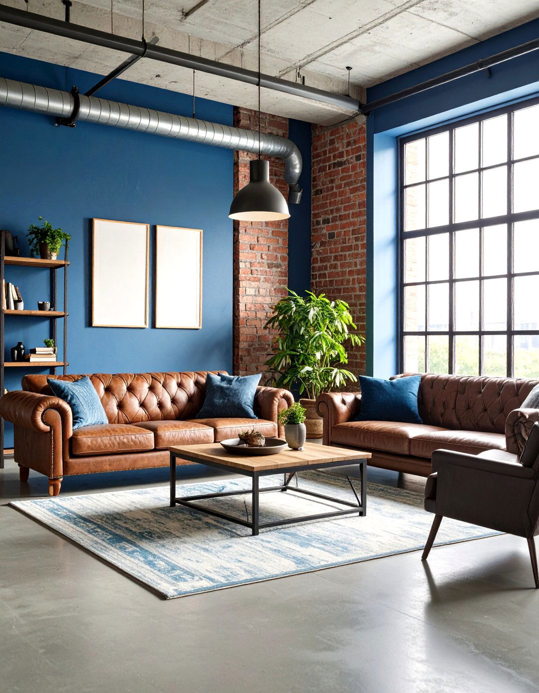 Industrial Style Grey Floor Living Room with Blue Walls Urban Loft Design - 20 grey floor living room with blue walls ideas
