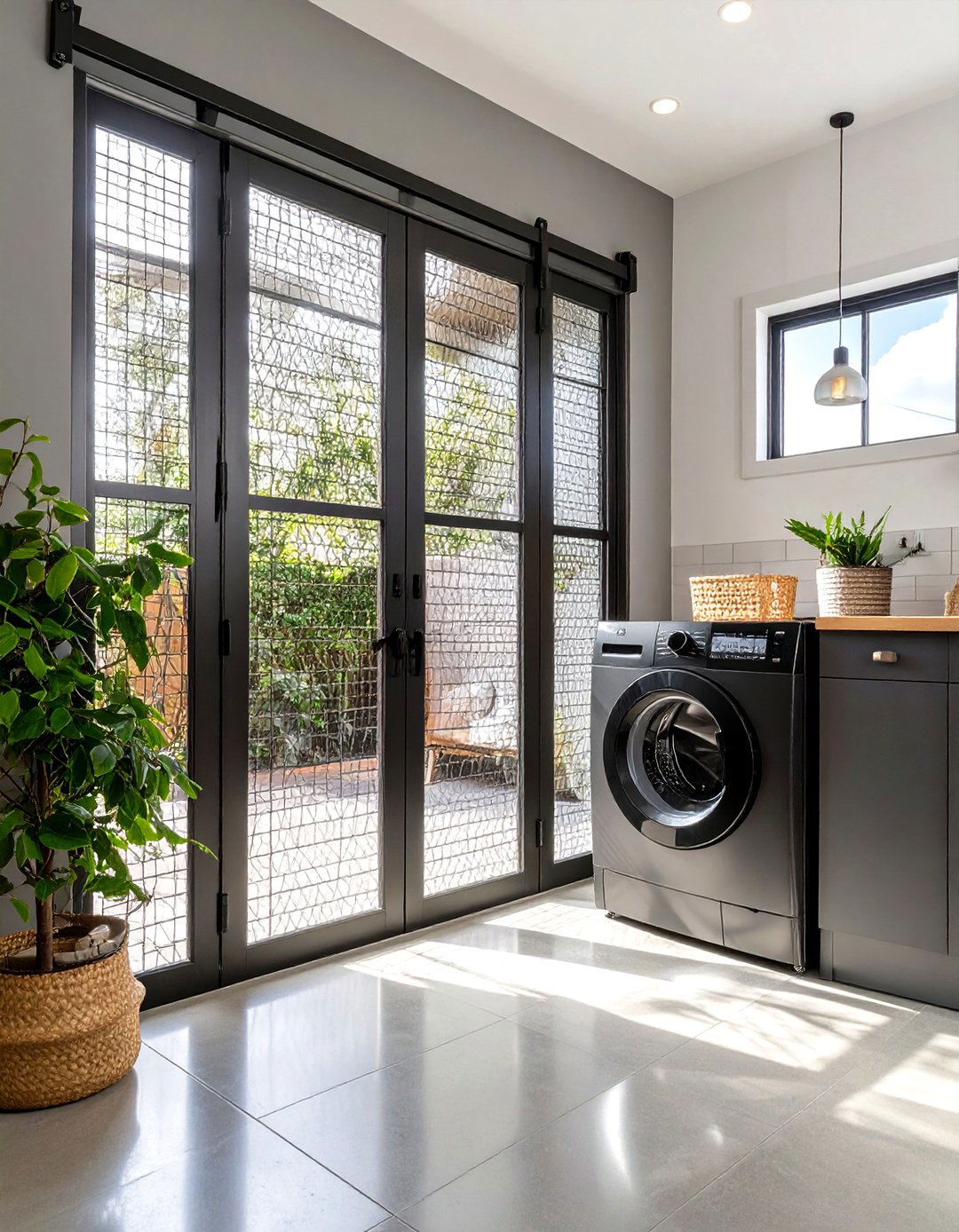 Industrial Style Steel Frame Laundry Room Door with Wire Mesh Panels - 20 Laundry Room Door Ideas