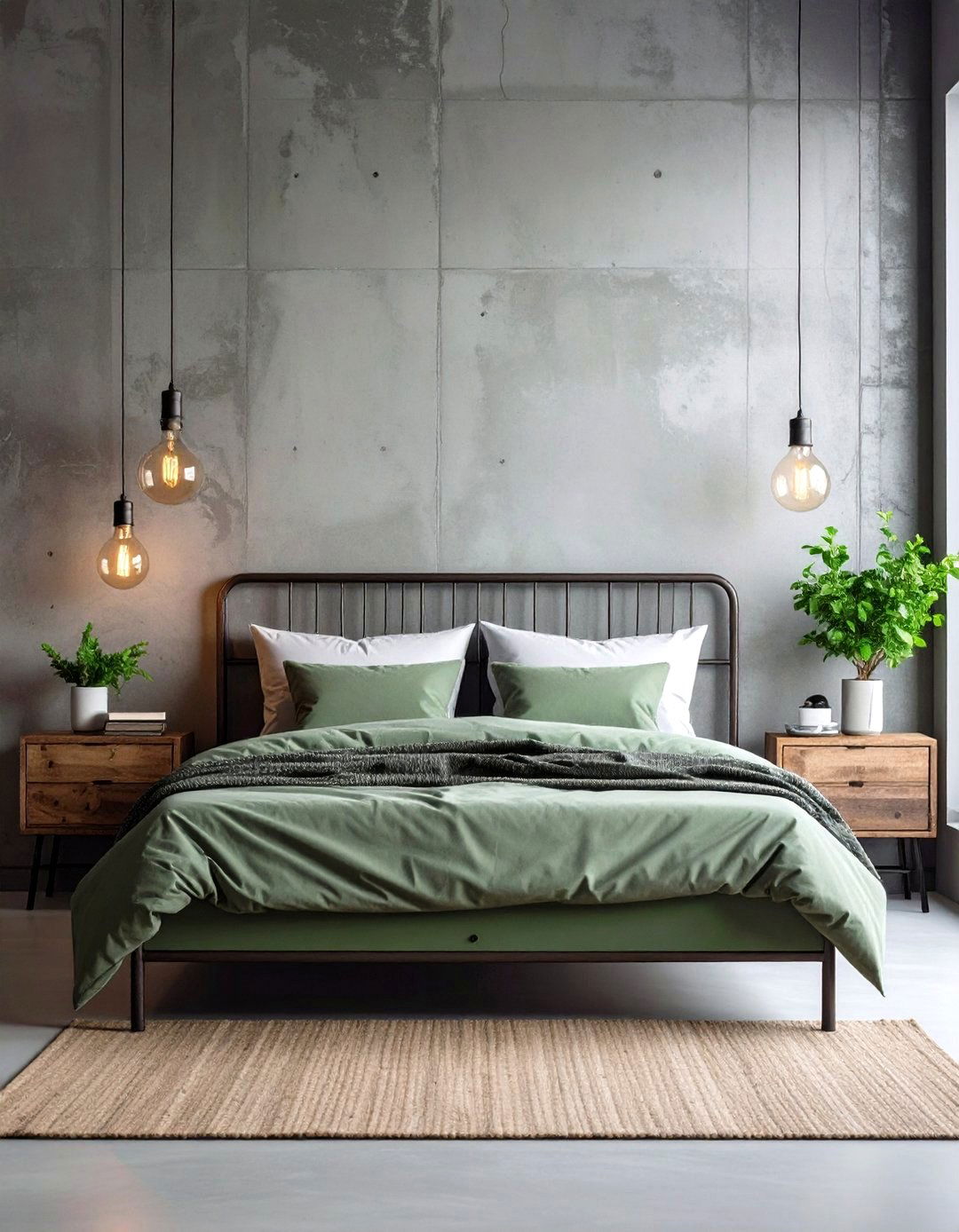 Industrial Style with Metal Accents - 20 Sage Green and Grey Bedroom Ideas
