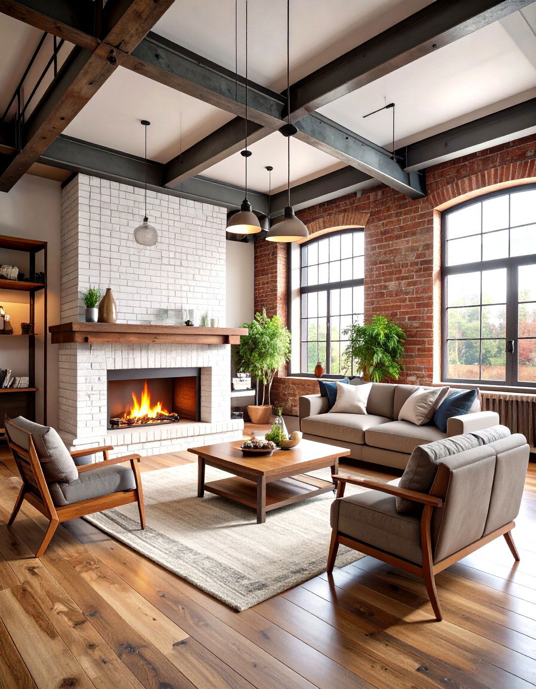 Industrial White Brick Fireplace with Exposed Steel Beams - 20 White Brick Fireplace Ideas