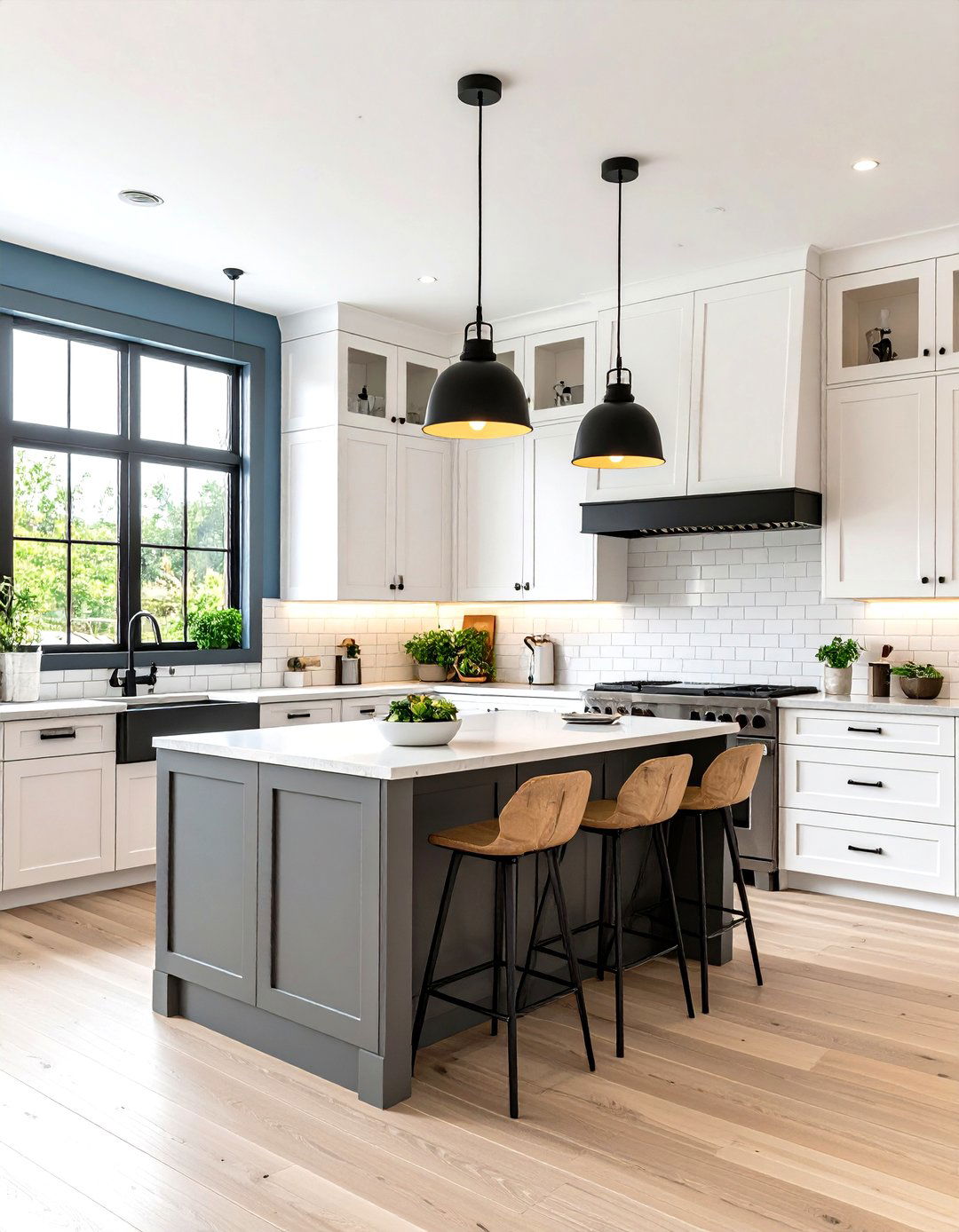 Industrial White Kitchen Cabinets with Steel Grey Island and Black Accents - 20 White Kitchen Cabinets With Grey Island Ideas