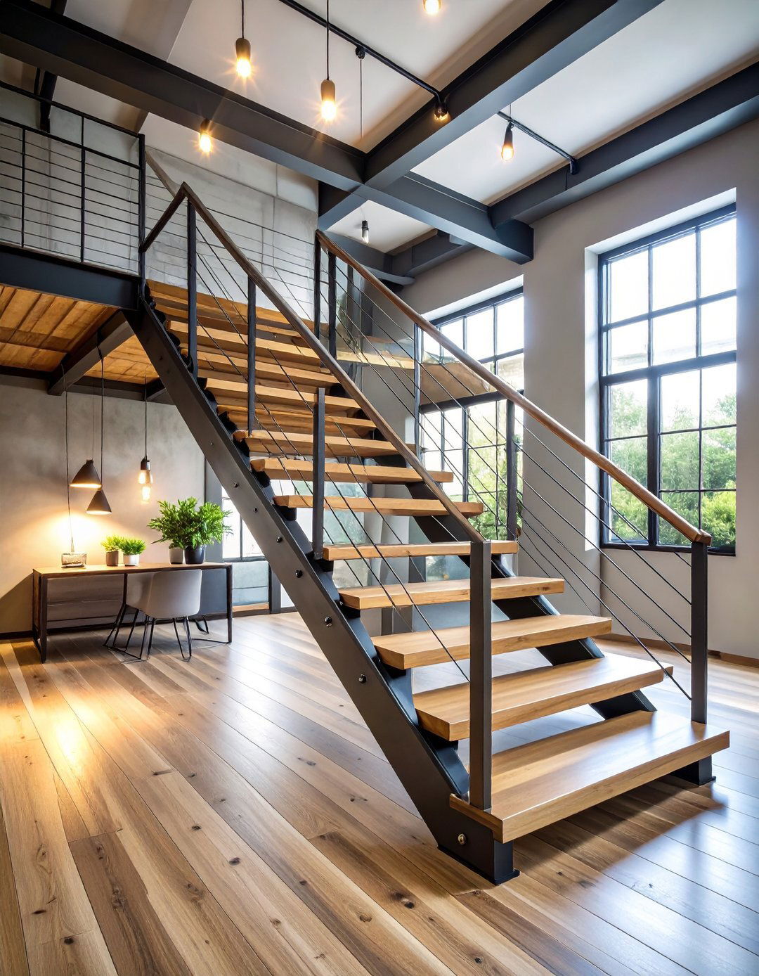 Industrial White Oak Staircase with Exposed Steel Elements - 20 White Oak Staircase Ideas