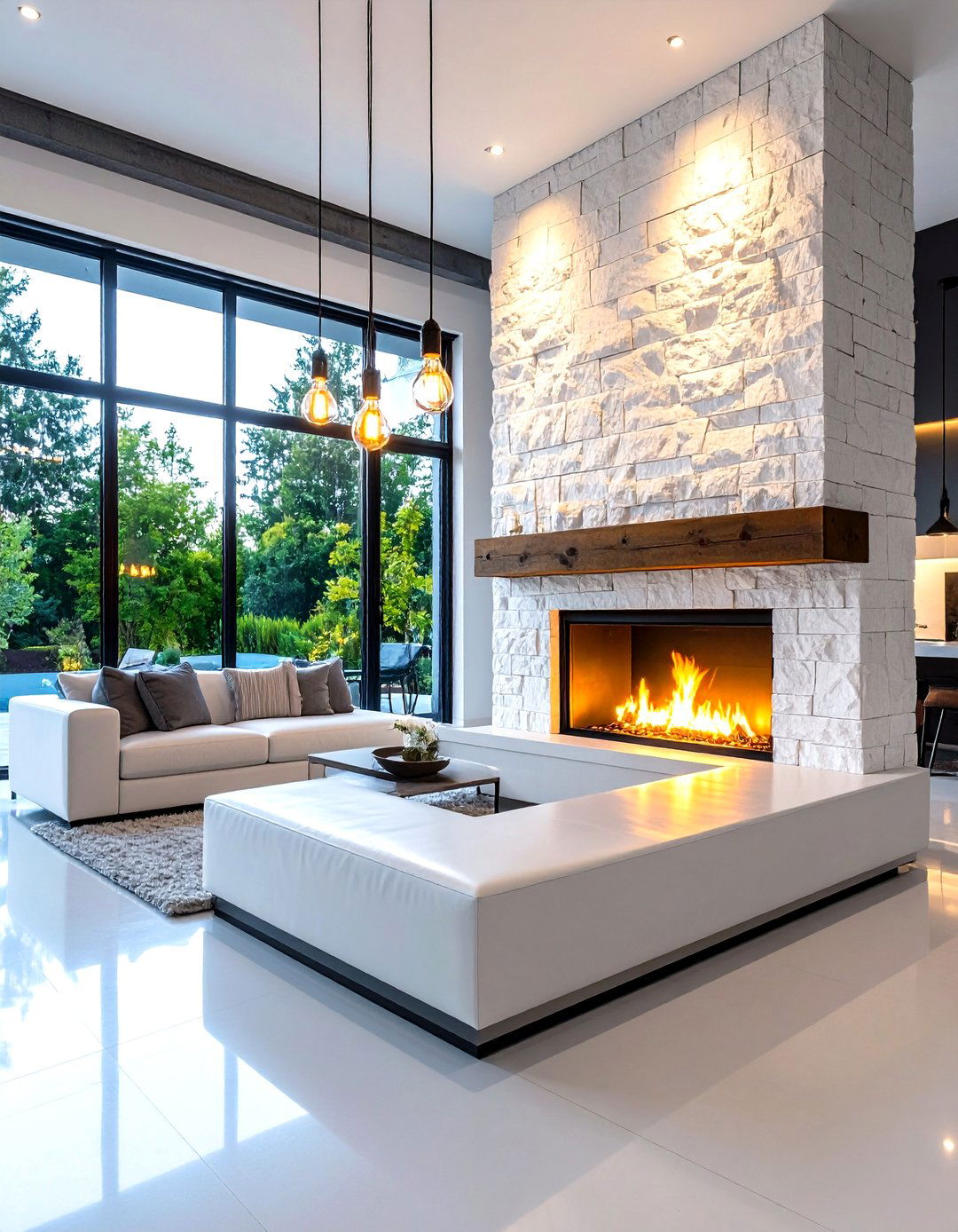 Industrial White Stone Fireplace with Modern Edge - 20 White Stone Fireplace Ideas