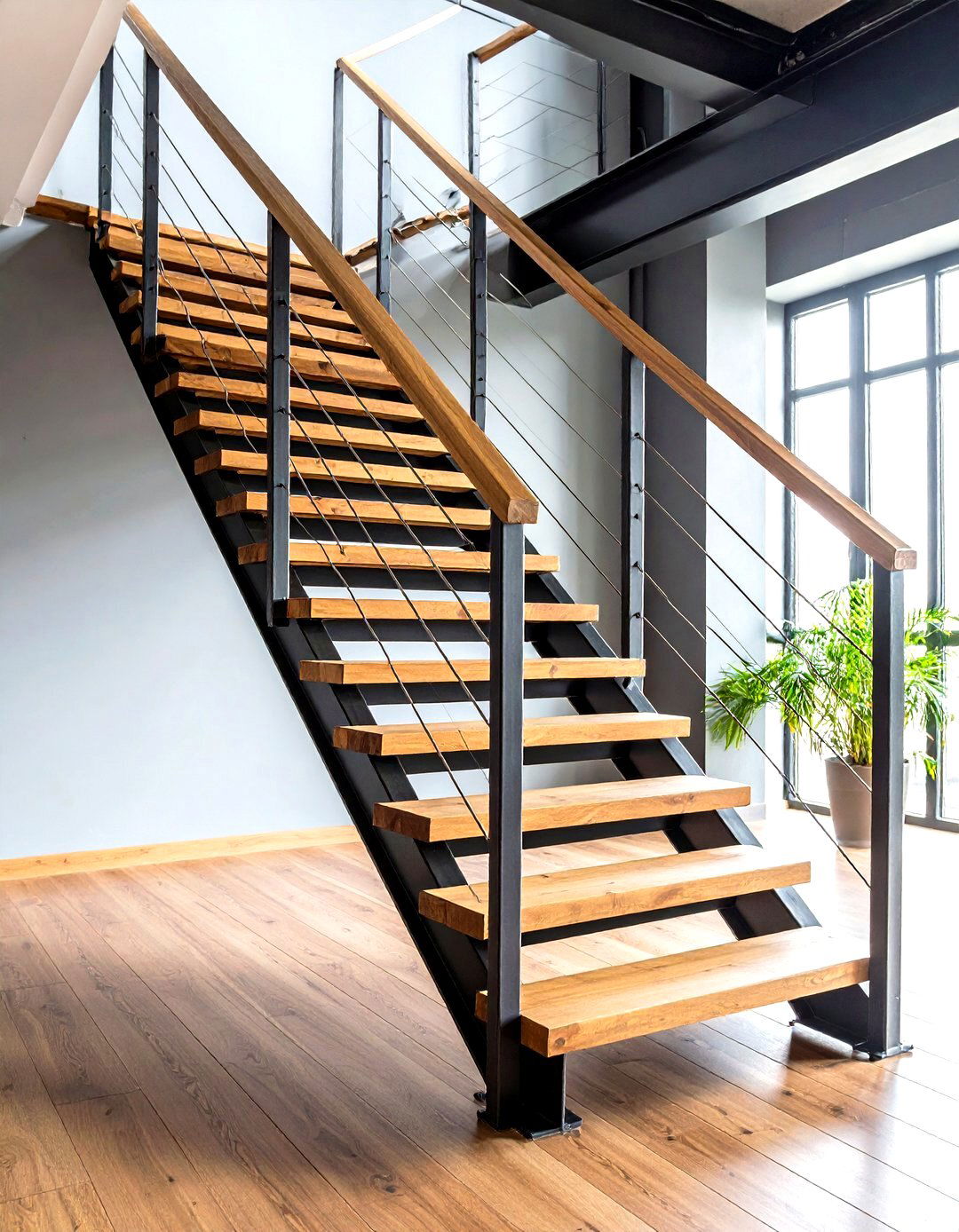 Industrial Wooden Staircase with Metal Cable Railings - 20 Wooden Staircase Ideas
