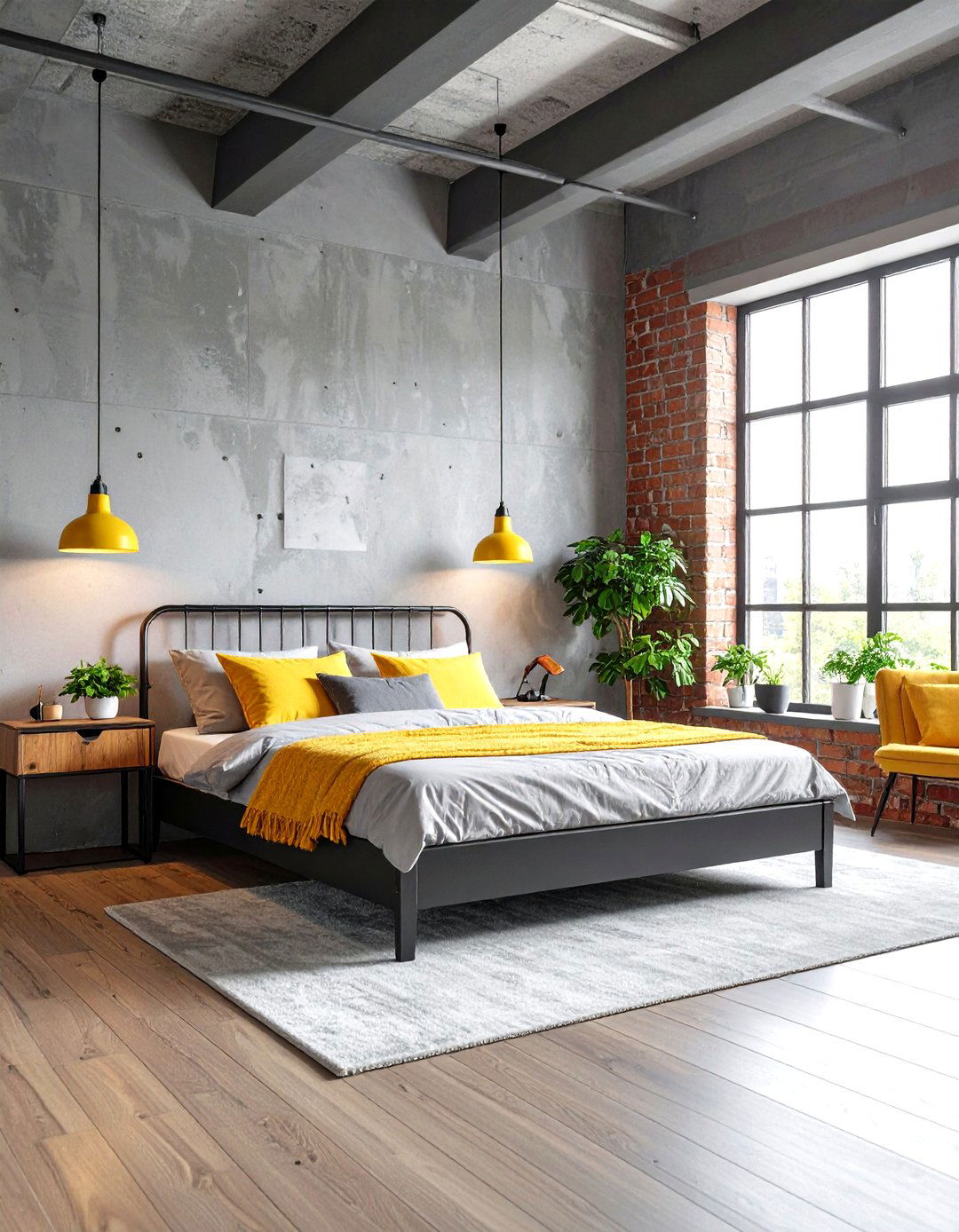 Industrial Yellow and Grey Bedroom with Metal Accents - 20 Yellow and Grey Bedroom Ideas