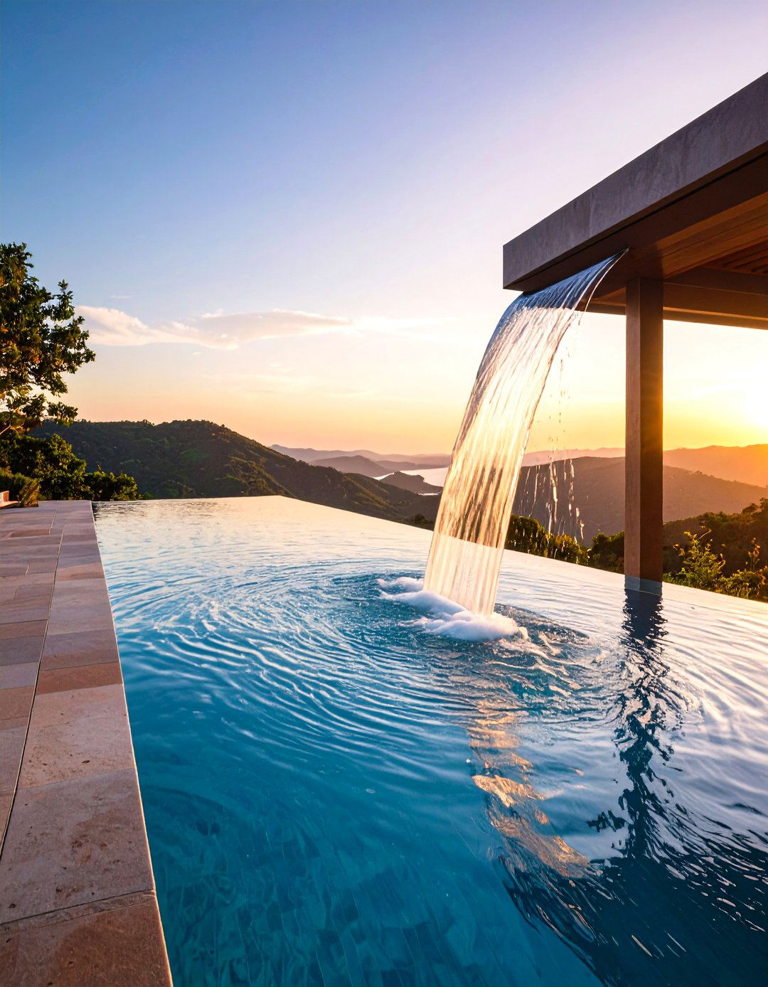 Infinity Edge Spillway Fountains Horizon Blending Waterfall - 20 Pool Fountain Ideas