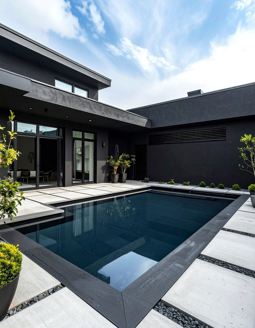 Inner Courtyard Wrapped in Black Stucco - 20 Black Stucco House Ideas