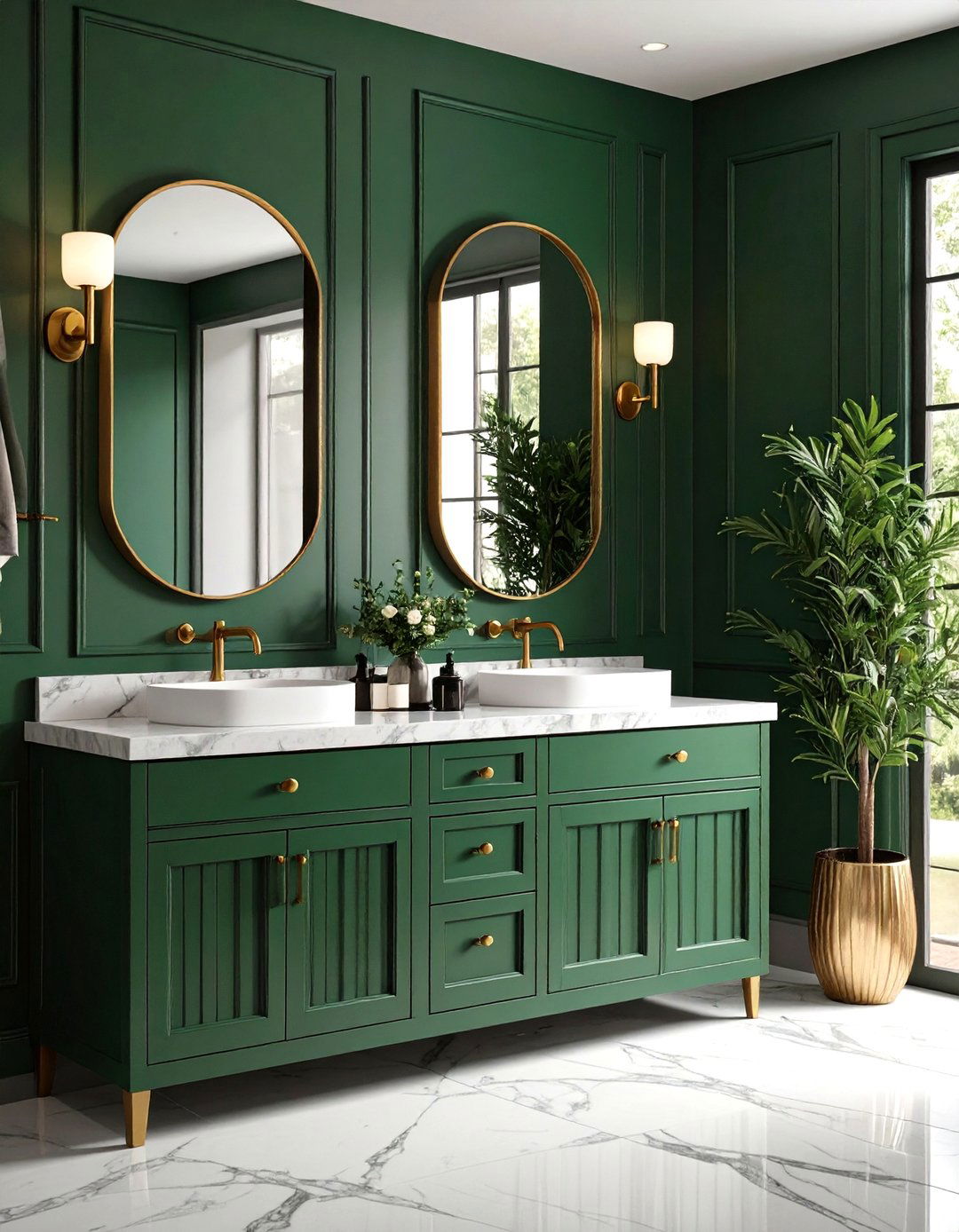 Inset Caning on a Green Vanity with Bohemian Flair - 20 Green Powder Room Ideas