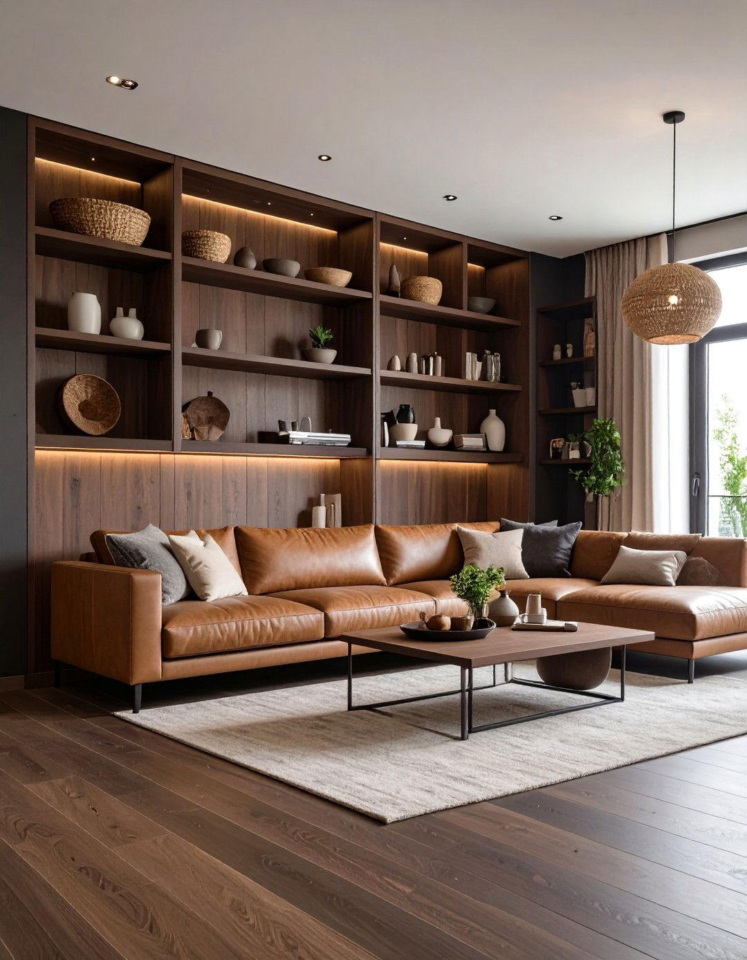 Install Built In Shelving in Harmonizing Wood Tones - 20 Dark Brown Floor Living Room Ideas