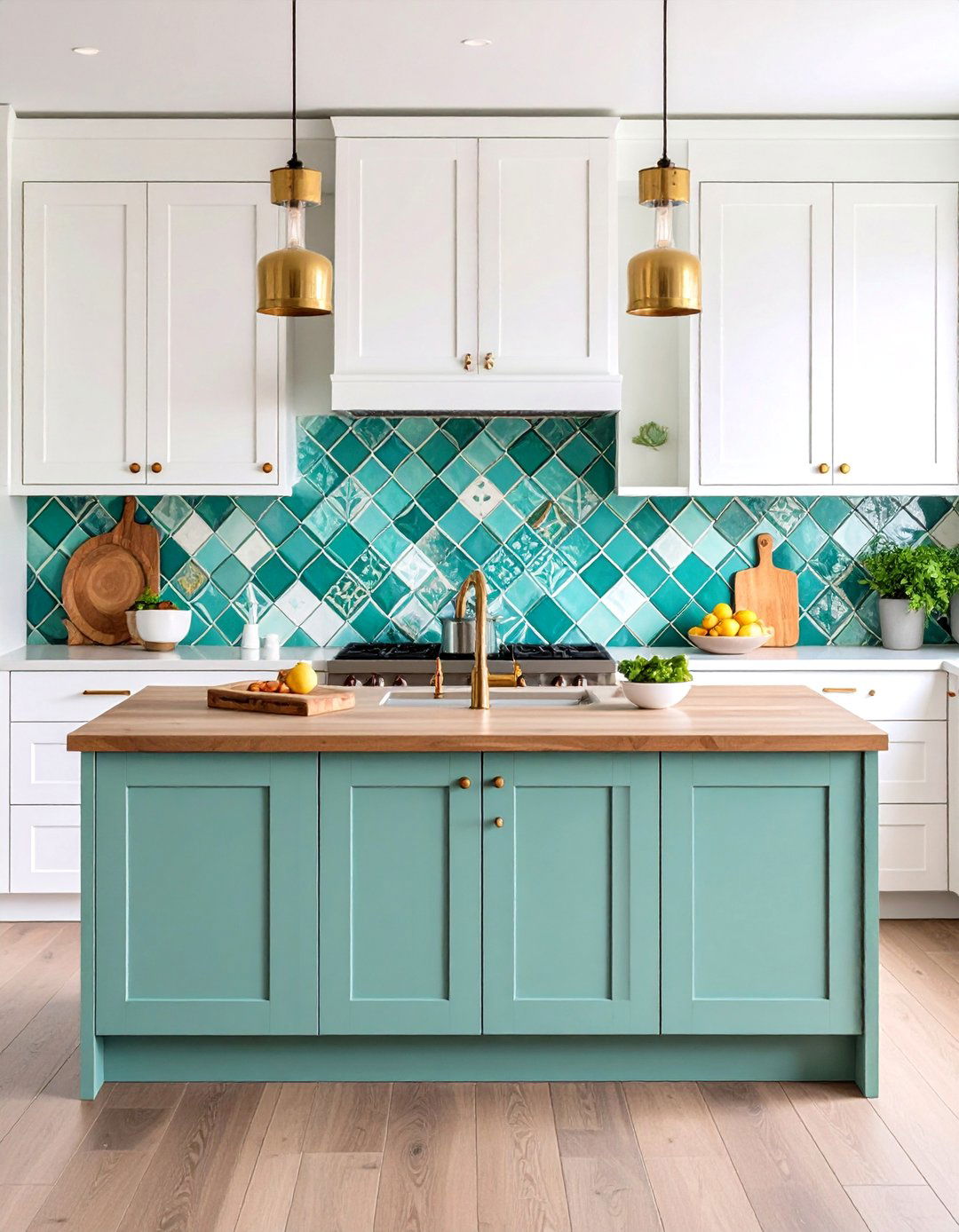 Install Glass Fronted White Upper Cabinets - 20 Teal and White Kitchen Ideas