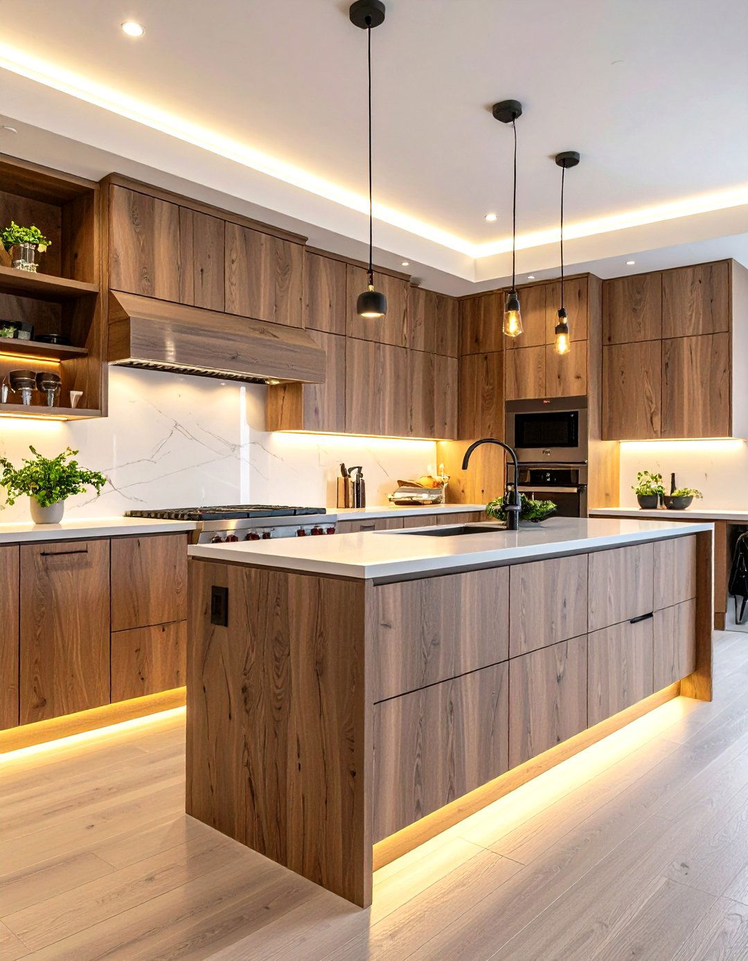 Install LED Tape Lights to Brighten Shadowy Surfaces - 20 Dark Wood Kitchen Cabinets