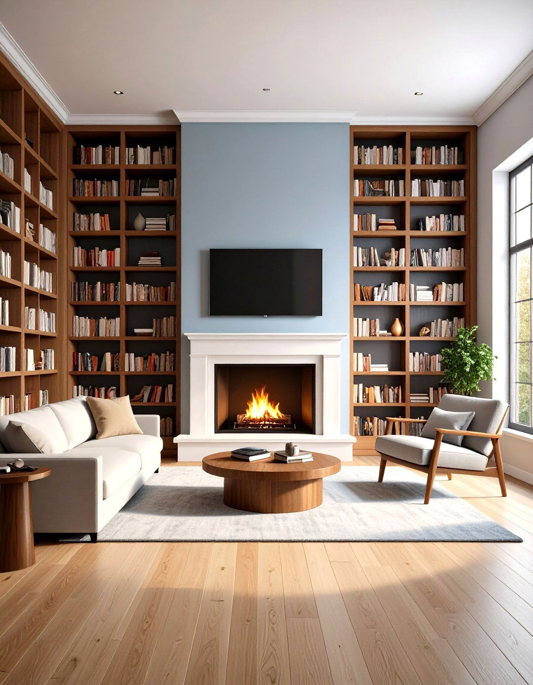 Integrated Bookshelves Framing Fireplace - 20 Two-story Fireplace Ideas