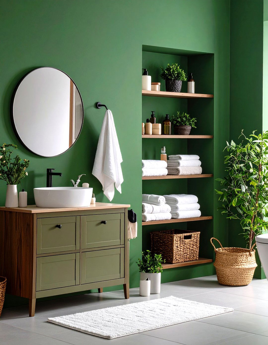 Integrated Green Niche Shelves in a Powder Room for Display - 20 Green Powder Room Ideas